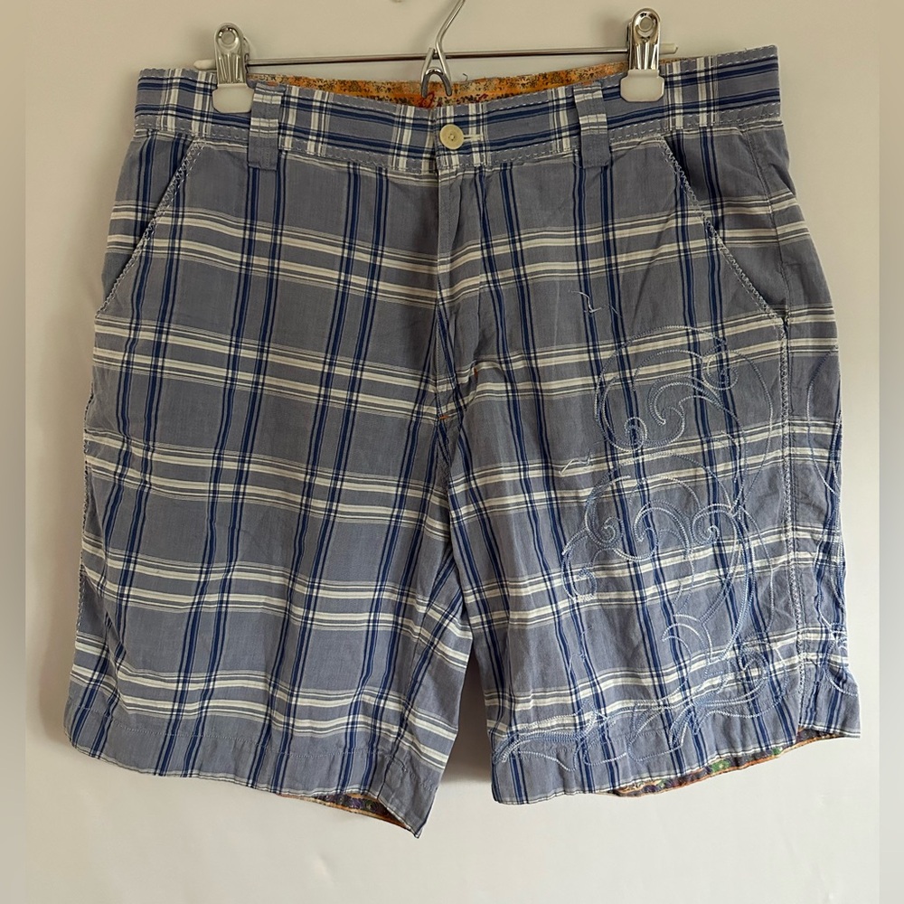 Robert Graham Blue Plaid Check Embroidered Ocean Wave Men's Shorts 36